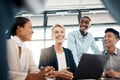 Teamwork, collaboration and business people on laptop with leader brainstorming ideas in office. Innovation, workers or Royalty Free Stock Photo