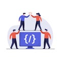 Teamwork and collaboration concept with programmers coding on computer screen vector illustration