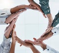 Teamwork, collaboration and hands of business people in circle for motivation, support and connect in office. Diversity