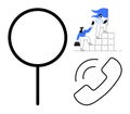 Teamwork, Communication, and Problem-Solving Concept with Magnifying Glass, Helping Hands, and Phone Icon Royalty Free Stock Photo