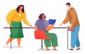 Teamwork communication, office workers, woman sitting at table with tablet talk with colleague man Royalty Free Stock Photo