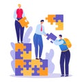 Teamwork company job, group people successful business start up, character hold puzzle detail flat vector illustration