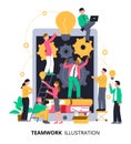 Teamwork composition with text and images of tablet with gear idea icons books and human characters vector