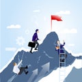 Teamwork concep. Businessmen together rise on mountain with flag