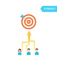 Teamwork concept. Arrows from people moving to one goal - flat illustration.