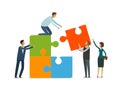 Teamwork concept. Business people with puzzle pieces working together. Infographics vector illustration Royalty Free Stock Photo