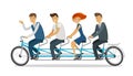 Teamwork concept. Business people or students riding tandem bike. Cartoon vector illustration