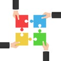 Teamwork concept. Businessmen holding a jigsaw puzzle. Strategy and solution. Cooperation, combining. Vector