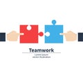 Teamwork concept. Businessmen holding a jigsaw puzzle. Strategy and solution. Cooperation, combining. Vector