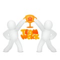 Teamwork concept card with two stickman characters holding golden cup