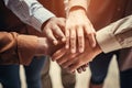 Teamwork concept. Close up of business people putting their hands together, Team members putting hands together close-up, top view Royalty Free Stock Photo