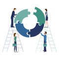 Teamwork concept, collaboration and partnership metaphor. People work together connecting round puzzles. Symbol of team, business Royalty Free Stock Photo