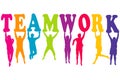 Teamwork concept with colored women and men silhouettes jumping Royalty Free Stock Photo