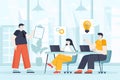 Teamwork concept in flat design. Colleagues work at office scene. Employees team at business meeting, discussion of strategy,