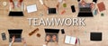 teamwork concept, flat lay, people at the table work as a team to achieve the best business Royalty Free Stock Photo