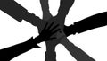 Teamwork concept. Friends with stack of hands black silhouettes showing unity and teamwork, top view. Young people are Royalty Free Stock Photo