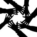 Teamwork concept. Friends with stack of hands black silhouettes showing unity and teamwork, top view. Young people are Royalty Free Stock Photo