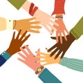 Teamwork concept. Friends with stack of hands showing unity and teamwork, top view. Young people are putting their hands Royalty Free Stock Photo