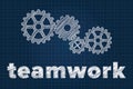 Teamwork concept with gears on blueprint