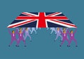 Teamwork concept, a group of businessmen lift the British flag.