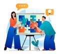 Teamwork concept in modern flat design. Colleagues putting puzzle together, work together on project, generates ideas, brainstorms Royalty Free Stock Photo