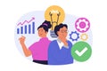 Teamwork concept in modern flat design for web. Man and woman brainstorming, analyzing business data, improving