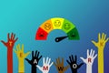 Teamwork concept. Raised hands of people with various colors of skin.