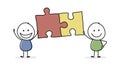 Teamwork concept. Stickmen with puzzle. Vector