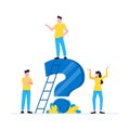 Teamwork concept with tiny people characters working together with big question mark, frequently asked questions concept Royalty Free Stock Photo