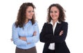 Teamwork concept: twins as businesswoman isolated over white. Royalty Free Stock Photo