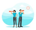 Teamwork Concept with Two People Looking Through a Telescope Outdoors on a Sunny Day Royalty Free Stock Photo