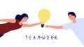 Teamwork concept. Woman giving idea to man. Isolated creative workers, flat flying boy girl with lamp vector