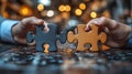 Teamwork Connecting puzzle pieces, collaboration, cafe background, problem-solving Royalty Free Stock Photo