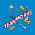 Teamwork construction building word flat 3d isometric vector Royalty Free Stock Photo