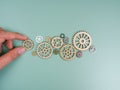 Teamwork, cooperation, business strategy, workflow management concept. Many type and pattern of gears and cogwheels working Royalty Free Stock Photo