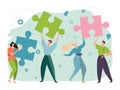 Teamwork, cooperation concept, puzzles in hands successful, joyful people working together design, cartoon vector Royalty Free Stock Photo