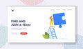 Teamwork Cooperation Landing Page Template. Young Woman Stand on Ladder with Huge Puzzle Piece in Hands, Task Solution