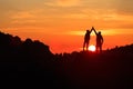 Teamwork couple celebrating in inspiring mountains sunset Royalty Free Stock Photo