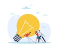 Teamwork of creating an idea. Group of people raise huge light bulb. Brainstorming and creativity process. Creative idea Royalty Free Stock Photo