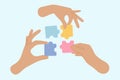 Teamwork, creative thinking, brainstorm, creative mind concept. Hands connect pieces of jigsaw puzzle Royalty Free Stock Photo