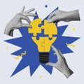 Teamwork, creative thinking, brainstorm, creative mind concept. Hands connect pieces of bulb lamp puzzle