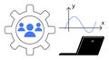 Teamwork and Data Analysis Concept with Gear, Team Icon, Graph, and Laptop Elements Royalty Free Stock Photo
