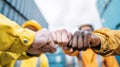 The teamwork of diverse workers celebrating success with fist bumps. AI generated image Royalty Free Stock Photo