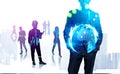 Teamwork in financial company, forex graphs and earth sphere hologram Royalty Free Stock Photo