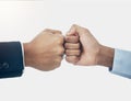 Teamwork, fist bump or corporate partnership for meeting success, support or trust motivation hand zoom. Business men