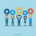 Teamwork gearwheel in hands Flat line art business