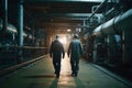 teamwork: group of industrial workers in a refinery - oil processing equipment and machinery. Neural network AI Royalty Free Stock Photo