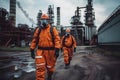 teamwork: group of industrial workers in a refinery - oil processing equipment and machinery. Neural network AI Royalty Free Stock Photo