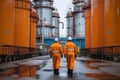 teamwork: group of industrial workers in a refinery - oil processing equipment and machinery. Neural network AI Royalty Free Stock Photo