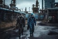 teamwork: group of industrial workers in a refinery - oil processing equipment and machinery. Neural network AI Royalty Free Stock Photo